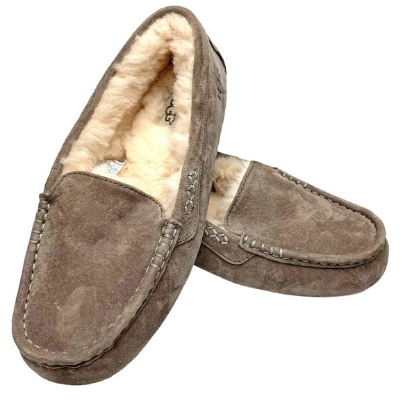 UGG Shoes - UGG Ansley Taupe Suede Sheepskin Lined Moccasin Slippers